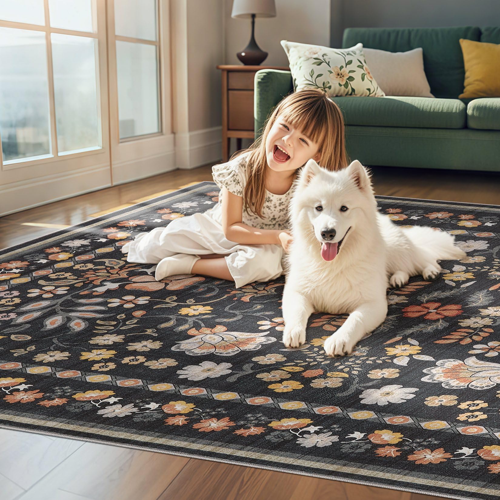 UERMEI Runner Rug for Hallways Kitchen: 2x6 Washable Area Rug Boho Floral Soft Long Rug - Non-Slip Low Pile Throw Indoor Carpet for Entryway Kitchen Bedroom Laundry Bathroom - Black Grey