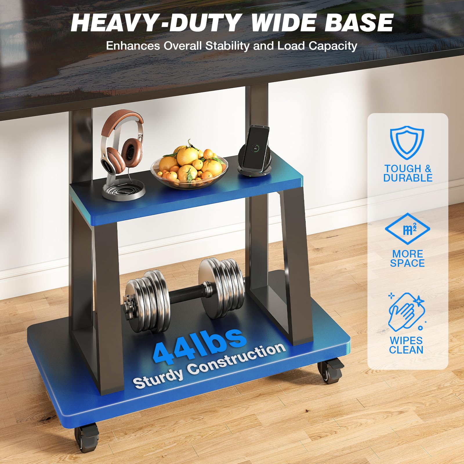 Rfiver Mobile TV Cart Rolling TV Stand for 37-75 inch TVs Up to 150lbs, Heavy-Duty Portable TV Stand on Wheels with 2-Tier Wooden Storage Shelves, Height Adjustable, Max VESA 600x400mm, Black