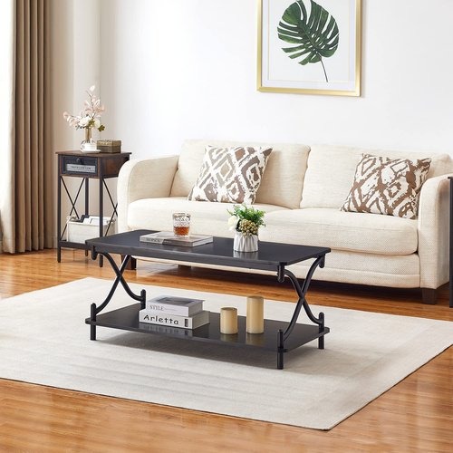 VECELO 39-Inch Coffee Table with Storage and Open Shelves for Living Dining Room, Modern Rectangle & Industrial Design, X-Shape Frame, Black