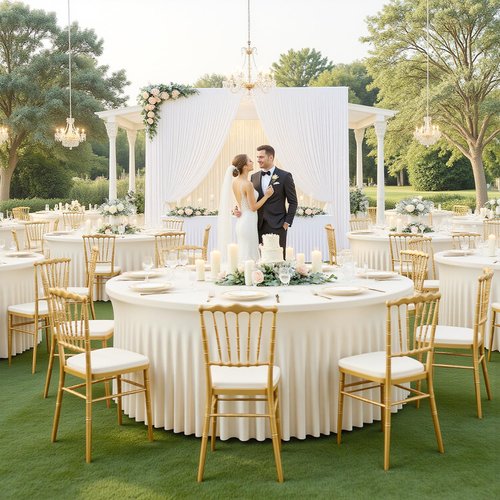 Hietaap 4 Pack Ivory Spandex Round Tablecloths for Wedding Table, Stretchy 60 inch Fitted 5FT Round Table Cloths Cover with Skirt for Banquets Trade Shows Parties Events