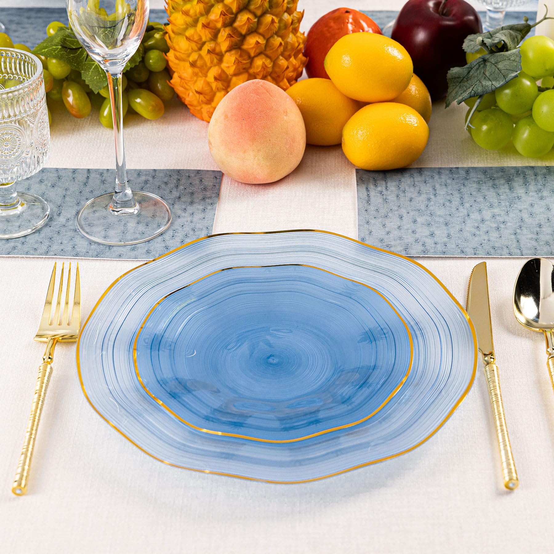 Pryntono 120PCS Blue Plastic Plates with Gold Rim, Heavy Duty Disposable Plates, Elegant and Fancy 60 Dinner and 60 Dessert Plates for Party and Wedding
