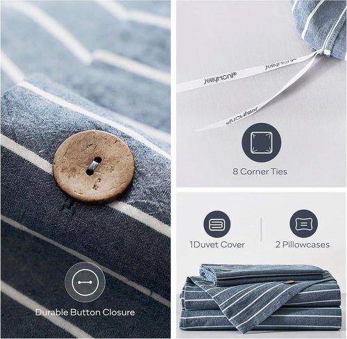 JELLYMONI Queen Size Washed Cotton Duvet Cover - Breathable Blue Striped Bedding Set with Button Closure | 1 Duvet Cover & 2 Pillowcases