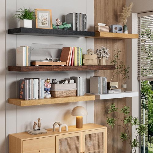Heimlove Floating Shelves - 48W x 12D Long Wood Shelves for Bedroom, Living Room & Kitchen | Set of 2, Oak