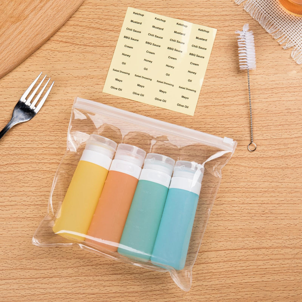 MICEBAY Condiment Squeeze Bottles for Sauces, 3-oz Mini Silicone Salad Dressing Container to Go with Reusable Sandwich Bag, Leakproof Sauce Bottle for Bento Lunch Box, 4 Pack, Candies
