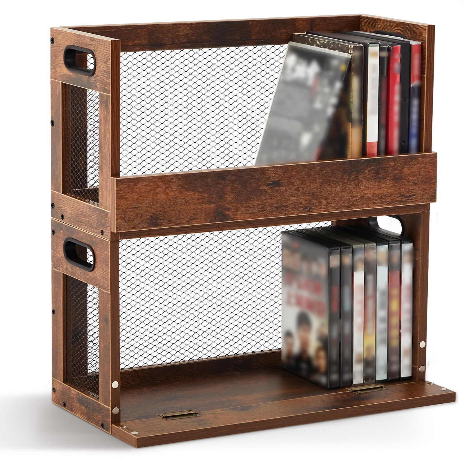 Jetec 2 Set Metal & Wooden DVD Storage Box Movie Holder Shelf Tape Display Racks with Carrying Handles, Organizer Shelf for Video Game Cases, CDs, Each Set Can Store Up to 26 Pcs DVDs