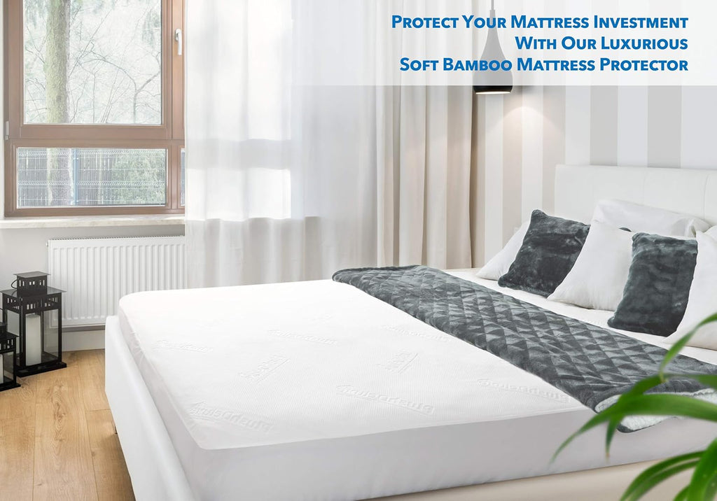 PlushDeluxe Premium Bamboo Mattress Protector - Waterproof, Ultra Soft & Noiseless Twin XL Cover - White