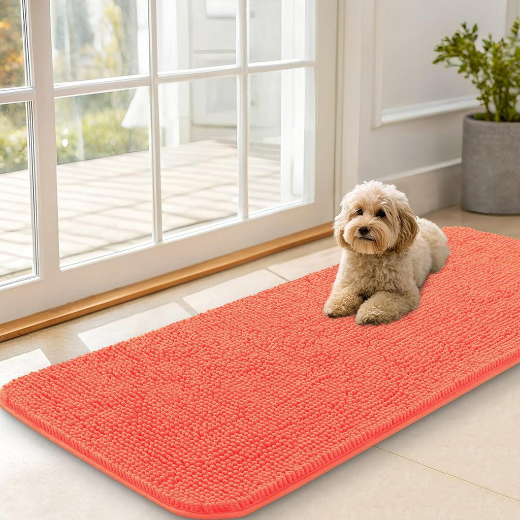 OLANLY Dog Door Mat - Absorbent Non-Slip Chenille Mat for Muddy Paws | 47x20 Coral Indoor Doormat