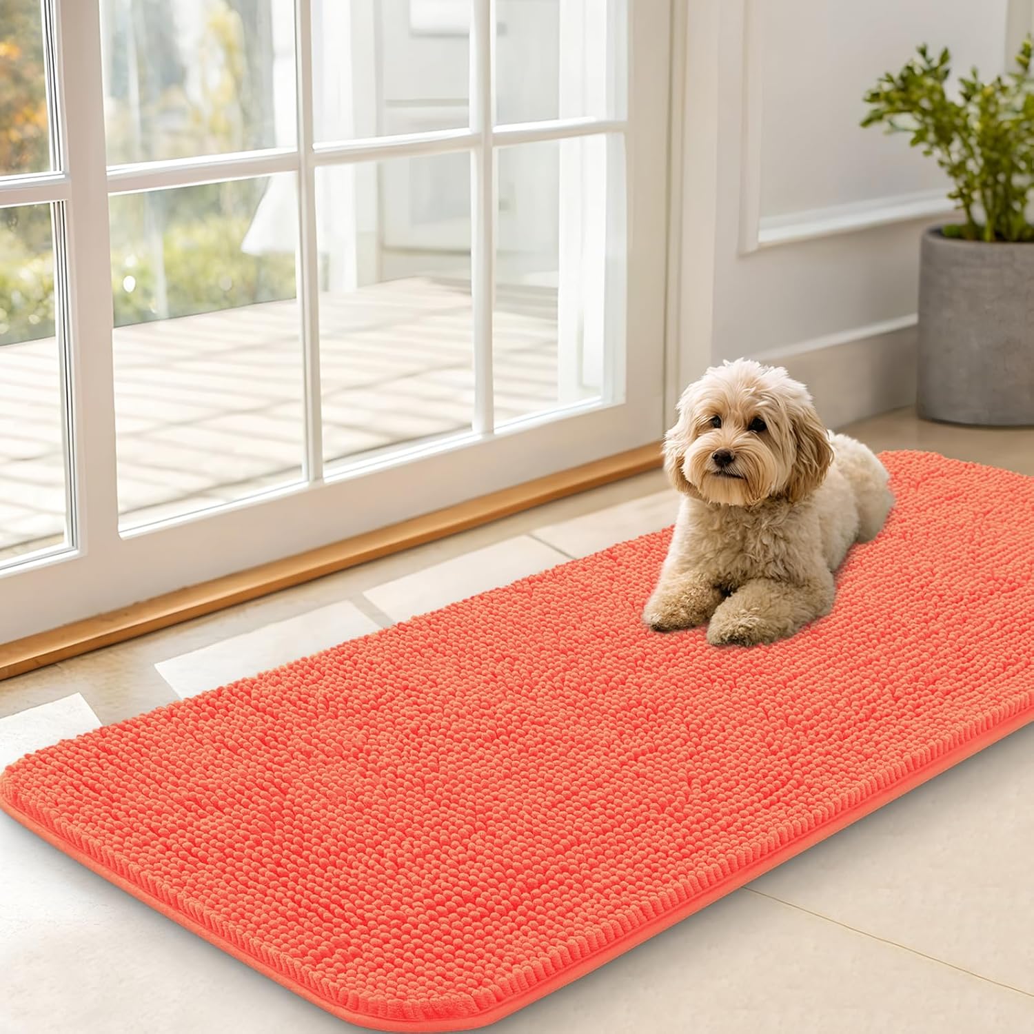 OLANLY Dog Door Mat - Absorbent Non-Slip Chenille Mat for Muddy Paws | 47x20 Coral Indoor Doormat