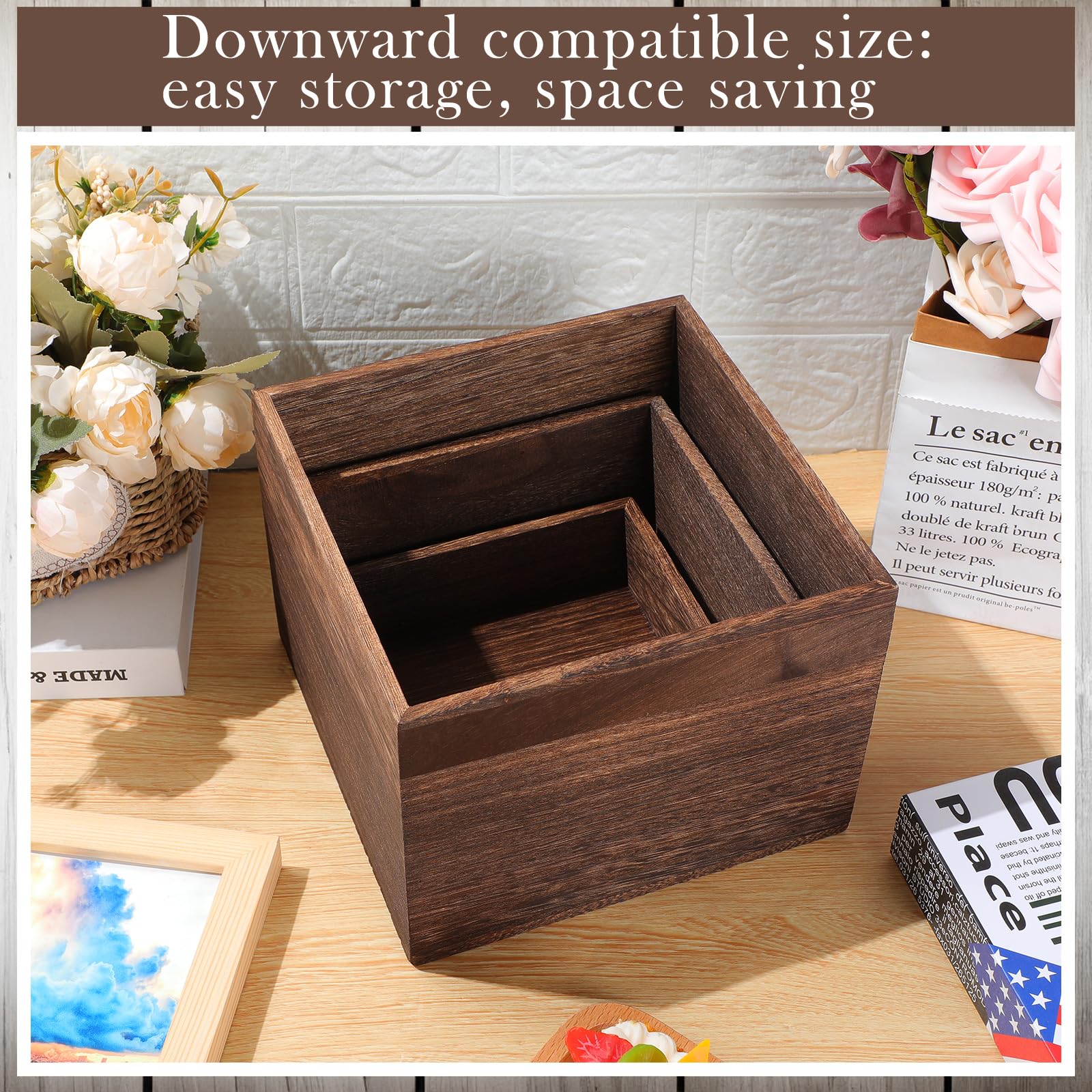 Barydat 6 Pcs Wood Display Risers Rustic Cupcake Stand Food Risers for Buffet Table Wooden Stackable Display Stand Box for Catering Dessert Collectibles Jewelry Figures Show(Burnt Wood Color)