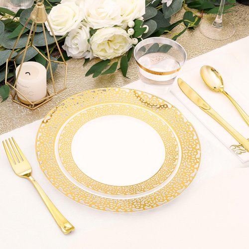 VajilaPhil 350-Piece Gold Hollow Plastic Dinnerware Set for 50 Guests, Disposable Dinnerware for Party, Wedding. Includes Dinner Plates, Dessert Plates, Gold Silverware, Napkins, Cups