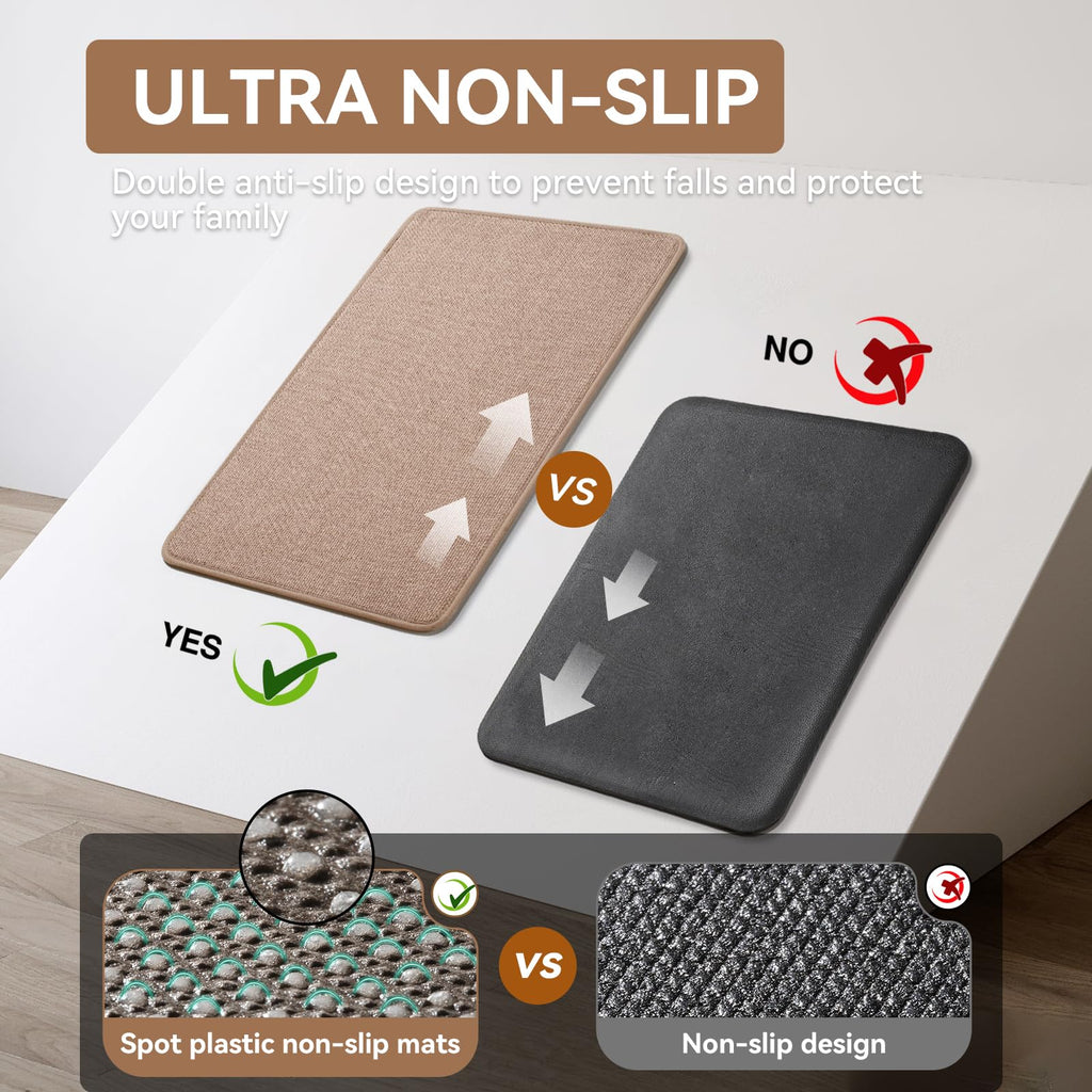 YDKGL Kitchen Mat Kitchen Rugs Sets of 2 PCS Non Slip Washable, Linen-Like 0.3" Thick Cushioned Absorbent Kitchen Mats for Floor, Mild Anti-Fatigue Sink Laundry Standing Mat, Brown 17"x30"+17"x59"