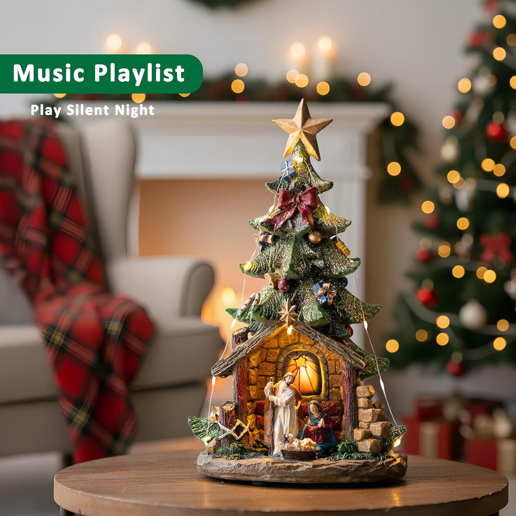 VISFLAIR 12'' Lighted Christmas Tree Nativity Scene - Musical Holy Family Figurines with LED Lights