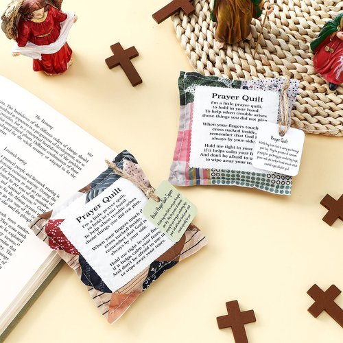 Fanfanwin 2 Pack Prayer Quilt with Cross Inside Squares Pocket Mini Scripture Prayer Quilt Encouragement Christmas Christian Gifts for Women Pastor Appreciation