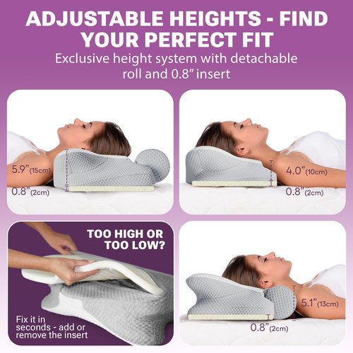 3-in-1 Orthopedic Pillow, Cervical Neck Pillow for Sleeping, Adjustable Height Memory Foam Neck Pillow and Detachable Roll, Contour Pillow for Neck Pain Relief for All Sleeping Positions (White)