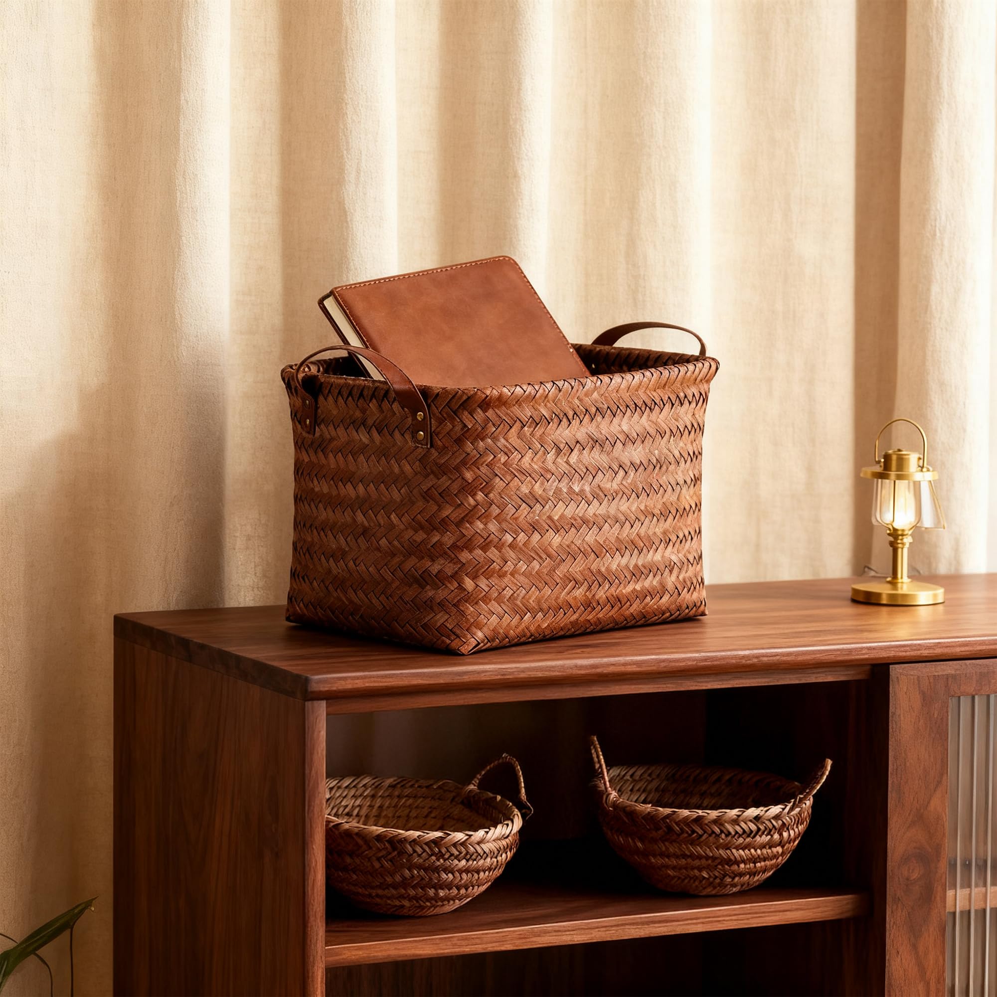Stylave 15L Laundry Baskets Waterproof Storage Baskets For Shelves Large Laundry Hamper With Leather Handle -set of 4 Cube Organizers Woven Bins for Bathroom,Bedroom,Pantry,Clothes,Car & Towels-Brown