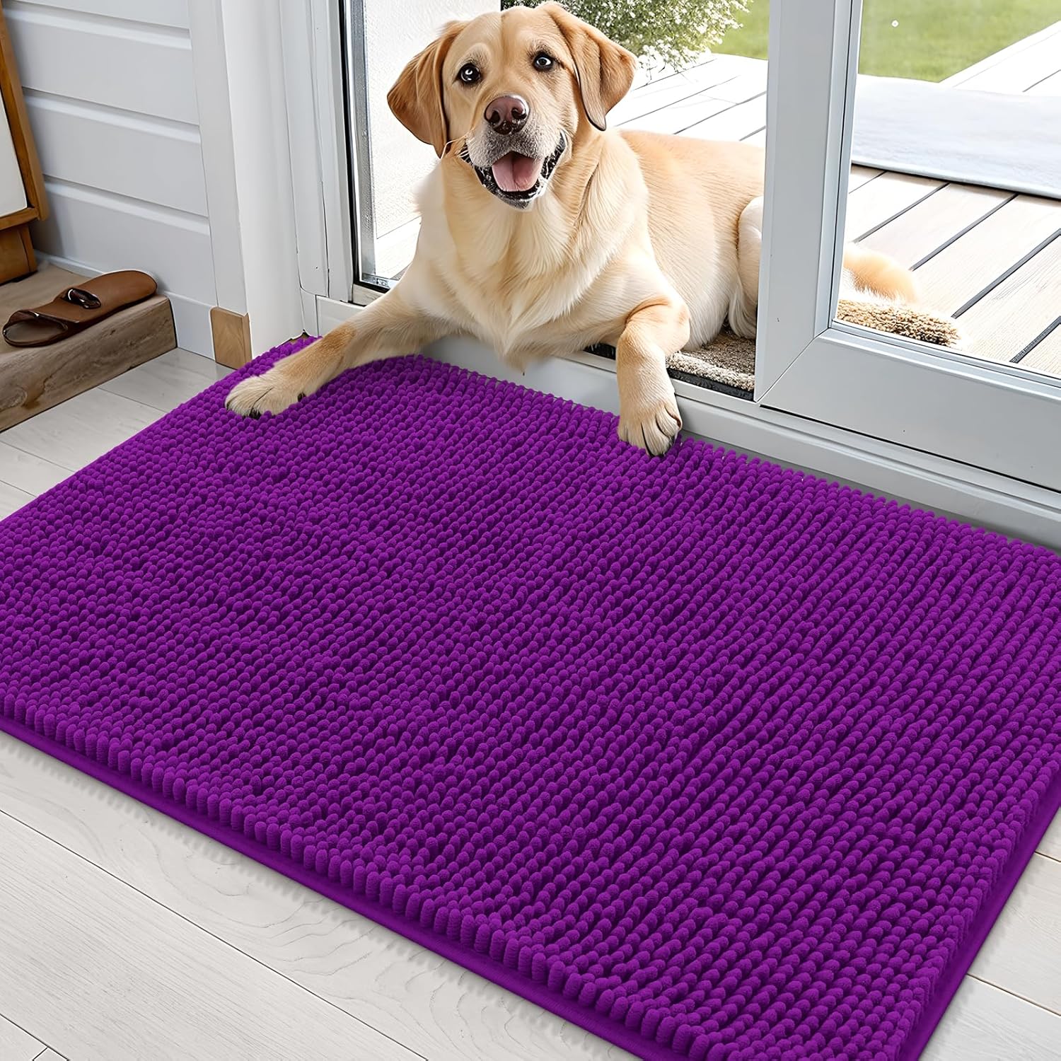 OLANLY Dog Door Mat - Absorbent Non-Slip Washable Chenille Mat for Muddy Paws | 36x24, Purple