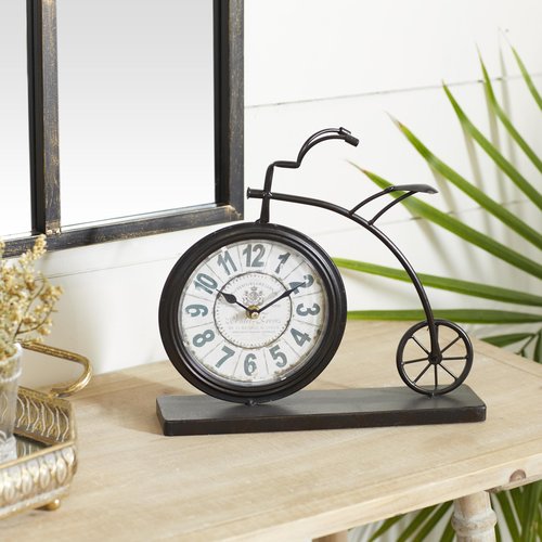 Deco 79 Metal Decorative Clock Bike Mantel Clock, Tabletop Clock 13" x 3" x 12", Brown