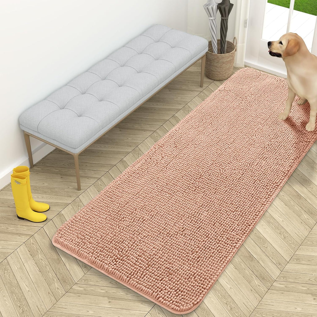 OLANLY Dog Door Mat - Absorbent Non-Slip Chenille Mat for Muddy Paws | 59x24, Quick Dry, Peach