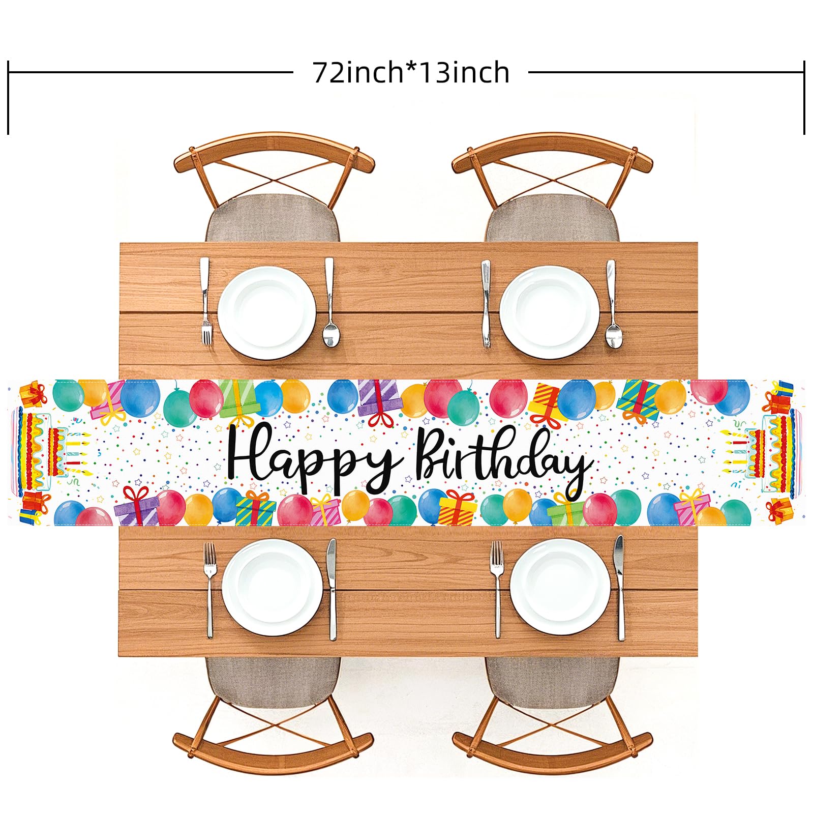 White Happy Birthday Table Runner, Colorful Balloon Kitchen Dining Table Decoration Festive Balloon Design for Birthday Party Decor 13x72 Inch
