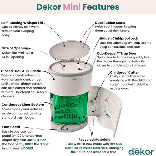 Diaper Dekor EKO Mini Diaper Pail - Eco-Friendly Design with 70% Recycled Materials | Hands-Free Operation
