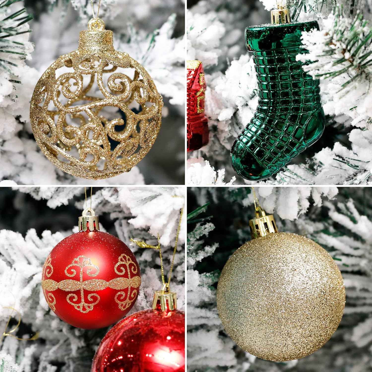 Roseleaf 132-Piece Christmas Tree Decoration Set - Shatterproof Red, Green & Gold Ornaments | Folk Art Style