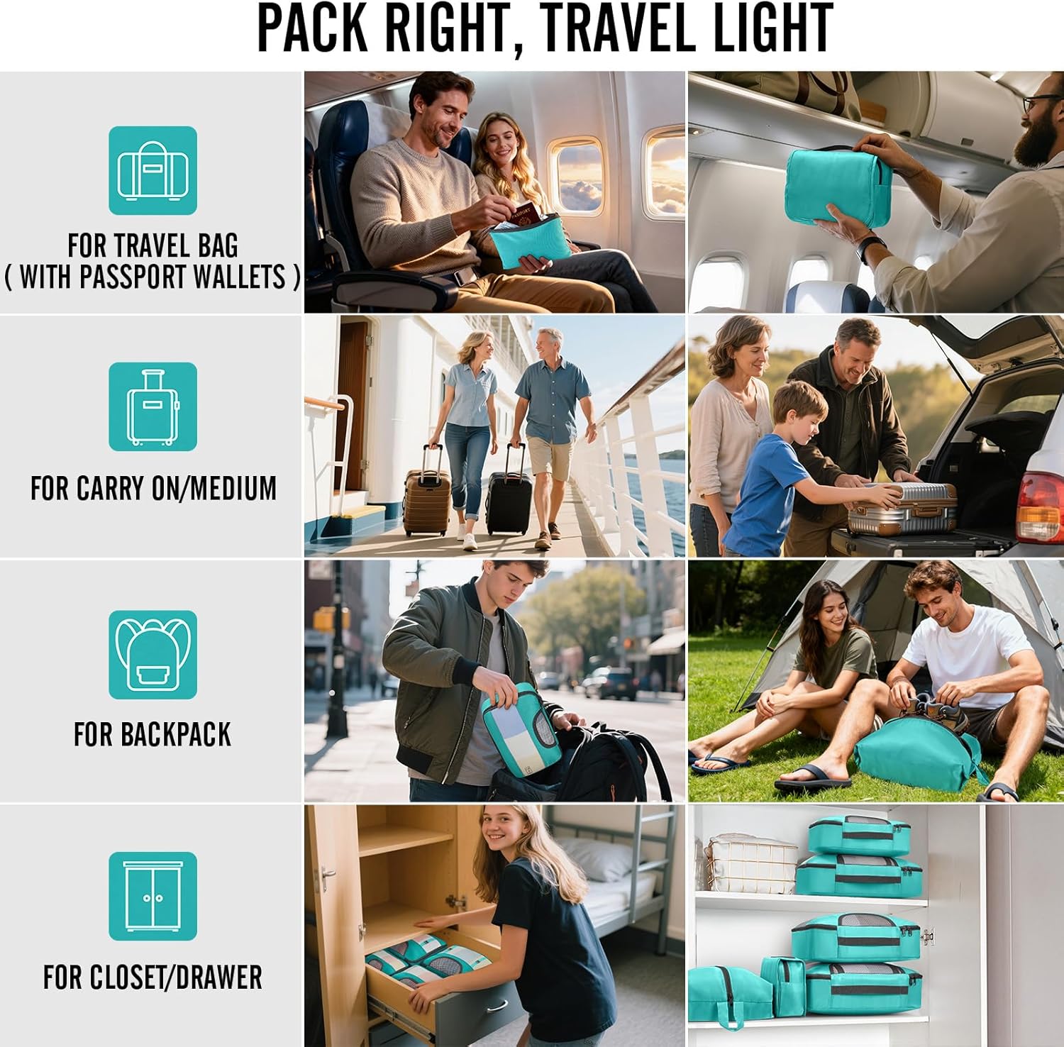 Veken Packing Cubes - 8-Piece Travel Organizer Set with Laundry Bag & Passport Holder | 4 Sizes for Easy Packing