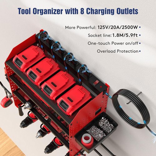 Heavy Duty Power Tool Organizer by [Brand Name] - Wall Mount with Charging Station & Adjustable Shelves | Holds 4 Drills, 2 Hooks