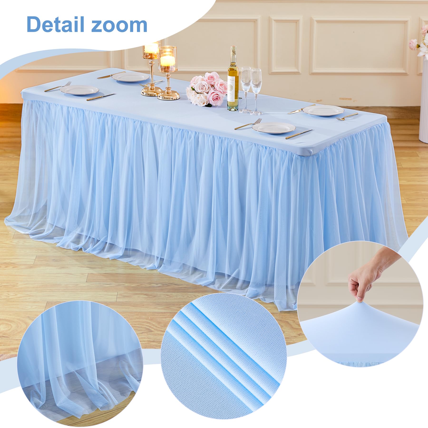 HB HBB MAGIC Baby Blue Tablecloths 8 Foot Rectangle Tulle Table Skirt Rectangle Tables 8ft Fitted Spandex Table Covers Light Blue Tablecloth