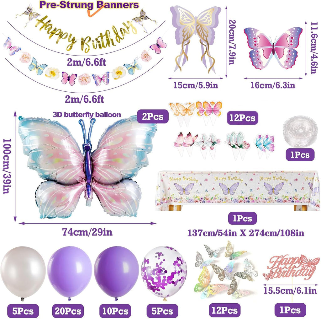 Butterfly Birthday Decorations - Purple Party Supplies with Balloons & Happy Birthday Banner