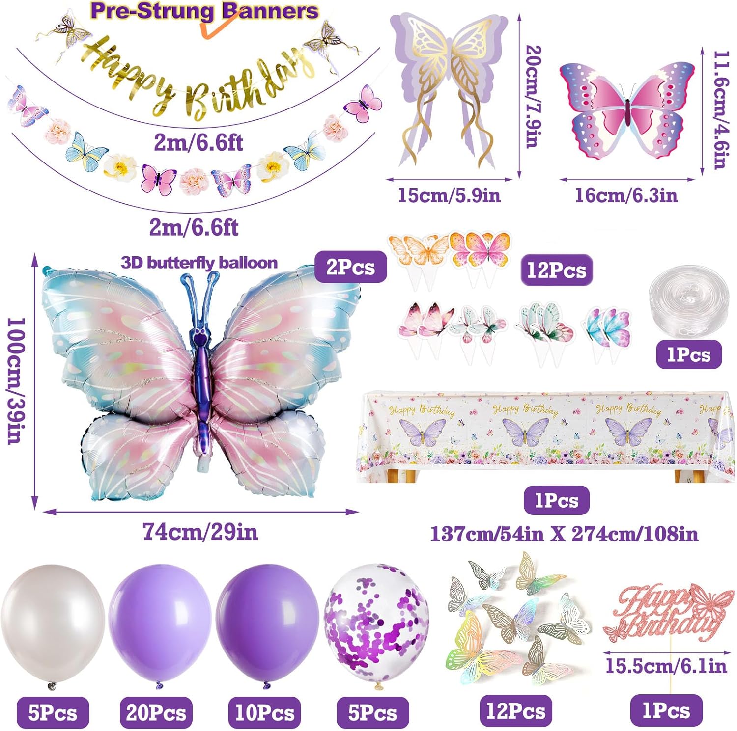 Butterfly Birthday Decorations - Purple Party Supplies with Balloons & Happy Birthday Banner