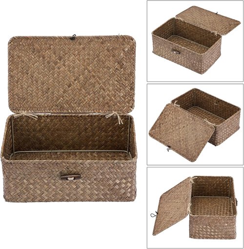 Hipiwe Wicker Shelf Baskets - Handwoven Seagrass Storage Bins with Lid | Rectangular Home Organizer, Coffee Small