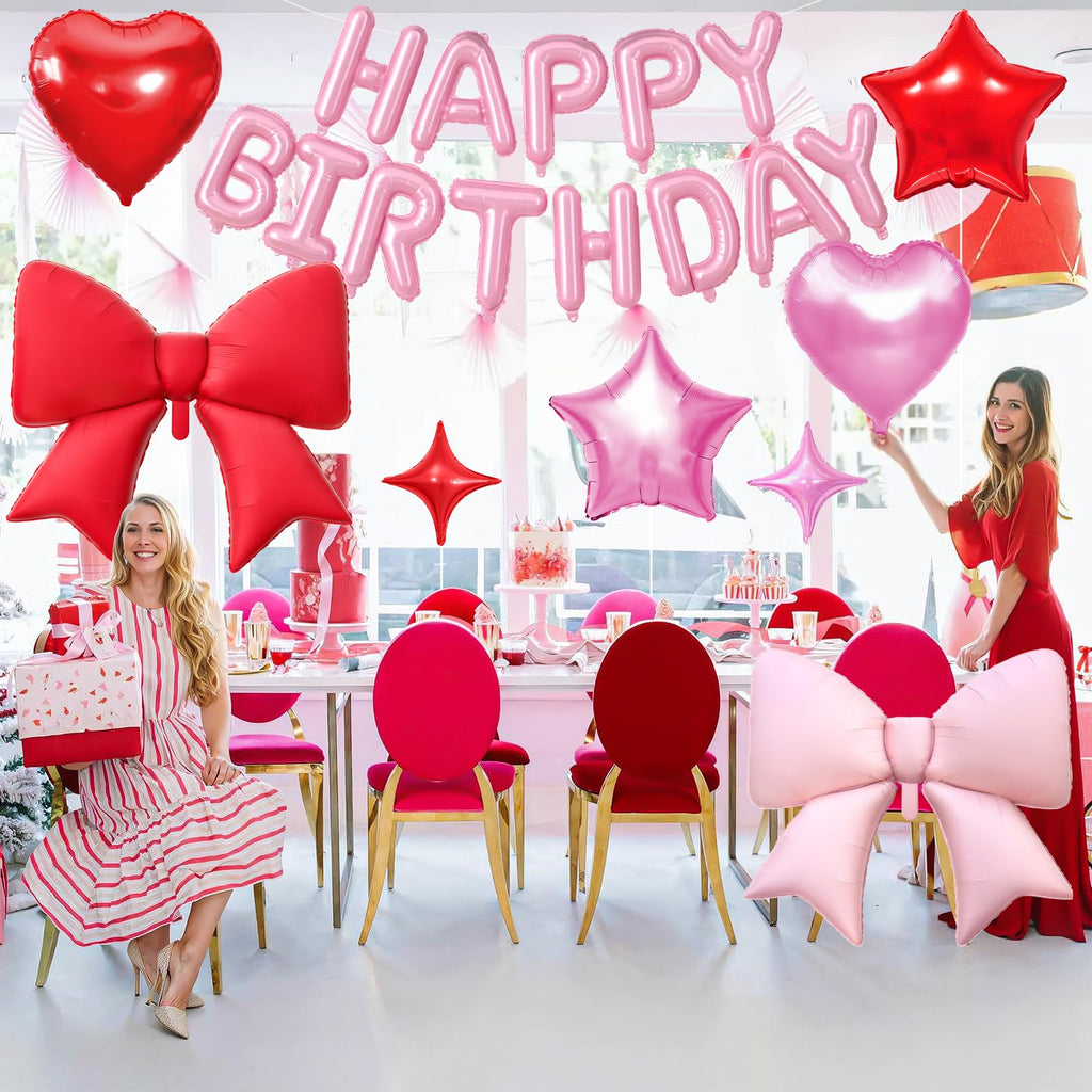 Red Pink Bow Birthday Decorations,38 Inch Helium Pink Red Bow Balloon Happy Birthday Balloons Banner Star Heart Foil Balloons for Women Men Party Supplies