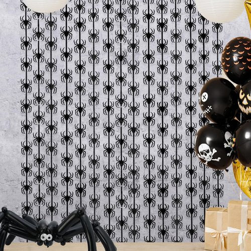 Menstarsi Halloween Party Decorations, 2 Pack Black Spider Tinsel Foil Fringe Curtains, Photo Booth Prop Streamers Backdrop for Halloween Theme Birthday Party Supplies Home Decor