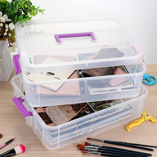 JUXYES Stackable Storage Box - 2-Tier Transparent Design with Handle for Office & School Supplies