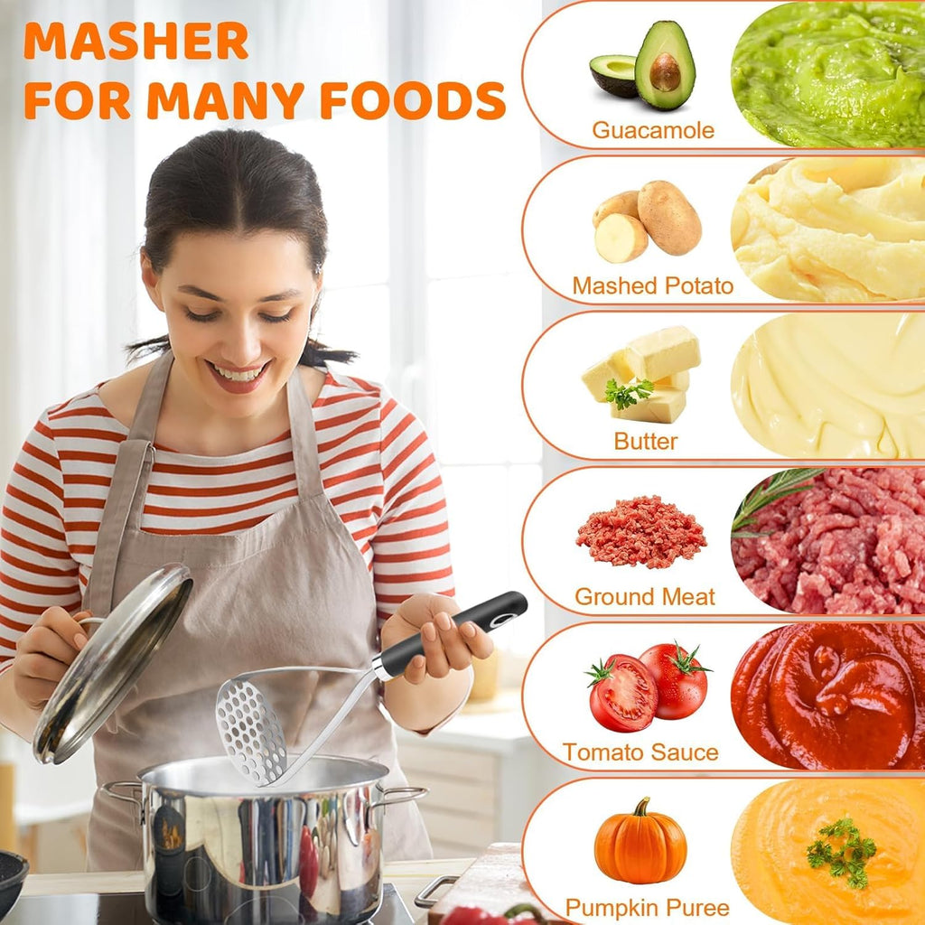 Skiennix Potato Masher Set - 2-Piece Stainless Steel Wire Masher for Perfectly Creamy Potatoes | Black