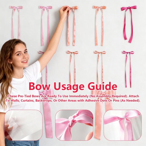 16 Pcs Pink Bow Wall Decor, Coquette Ribbon Bows Hanging Decorations for Girls Room, Nursery, Birthday Party, Baby Shower, Wedding Backdrop and Aesthetic Room Decor