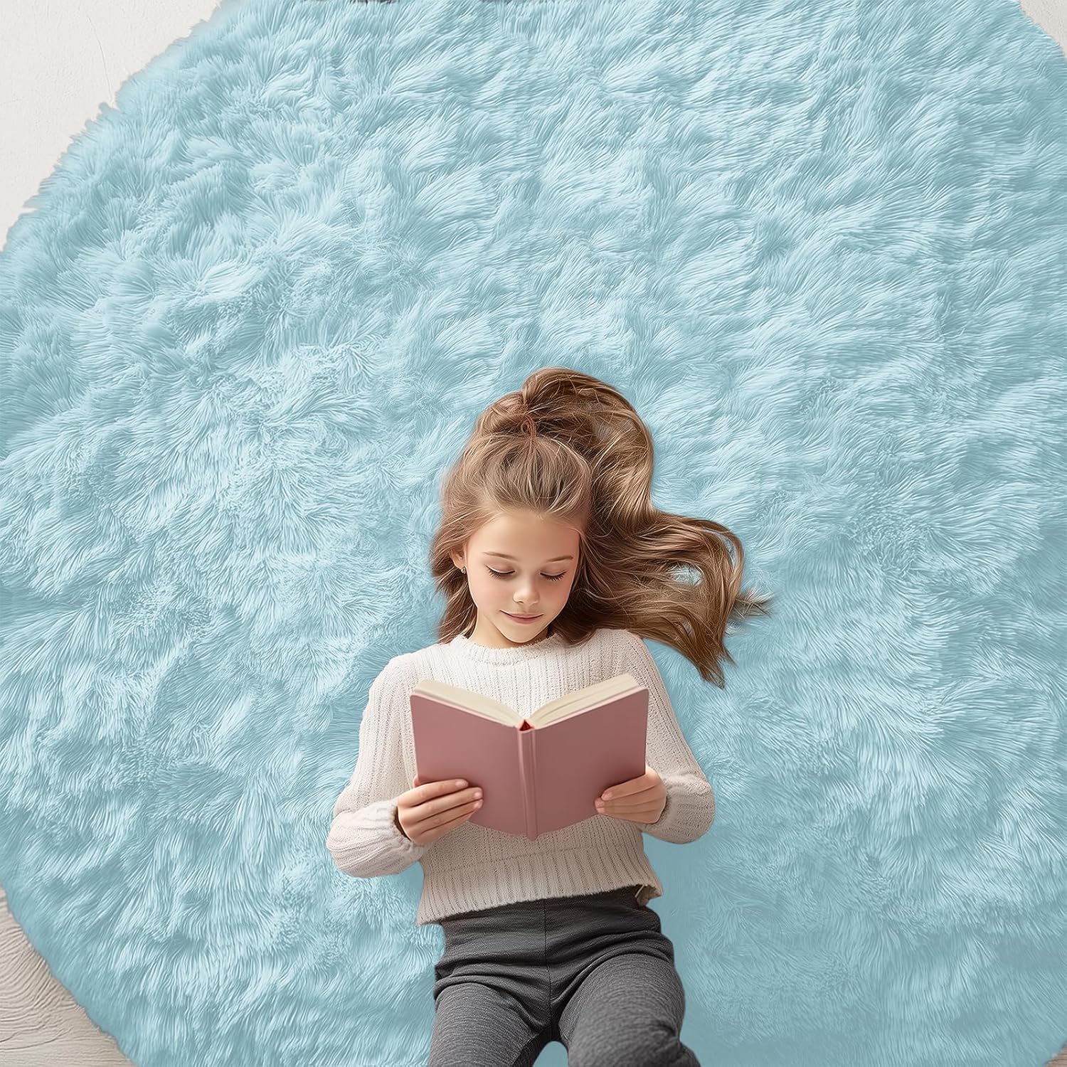 OLANLY Light Blue Round Rug - Soft, Fluffy Shaggy Carpet | 6 ft Machine Washable Area Rug for Bedroom & Nursery Decor