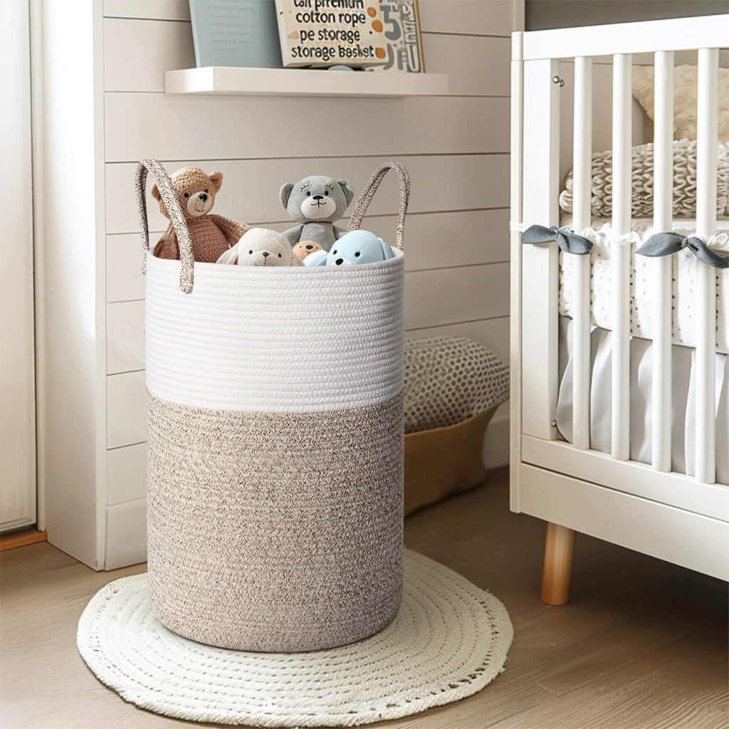 WILLITAT Large Woven Laundry Basket, 15”x18” Tall Blanket Basket Living Room, Cotton Rope Hamper for Bedroom Aesthetic, Baby Nursery, Wicker Hamper for Dirty Clothes, Kids Toy Laundry Storage Bin