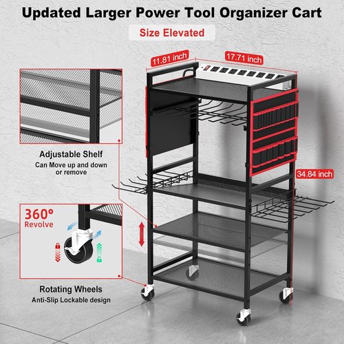 JUNNUJ Garage Tool Organizer Cart - Heavy-Duty Power Tool Storage with 20A Charging Station - Red