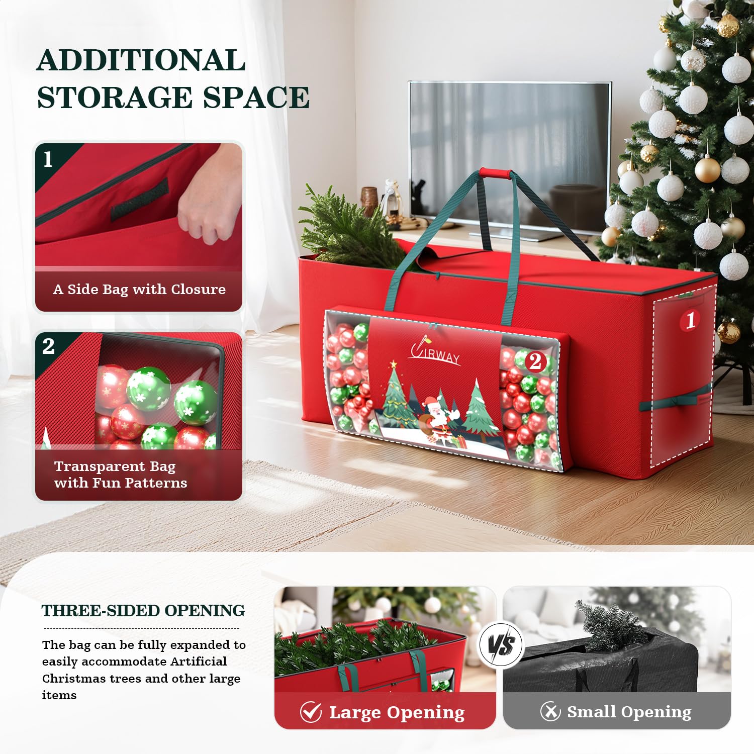 UIRWAY Christmas Tree Storage Bag- Fit for 9ft Artificial Trees, 600D Oxford Christmas Tree Bag with Transparent Pouch & Side Pocket, Extra Large Tree Bags with Sturdy Handles & Dual Zipper, Red