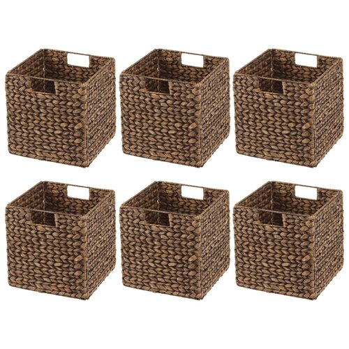 mDesign Natural Woven Hyacinth Cube Organizer Basket with Handles, Storage for Bathroom, Laundry Room Shelf or Nursery - Perfect for Cubby Storage Units - Hold Blankets and Books - 6 Pack, Brown Wash
