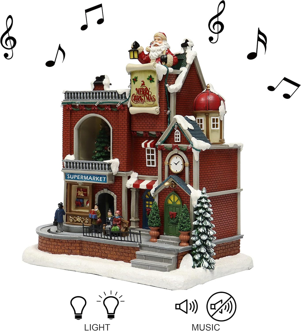 Moments In Time Lighted Christmas Village House - Animated Supermarket & Shops Scene with LED Lights | Holiday Decor Gift Box Included