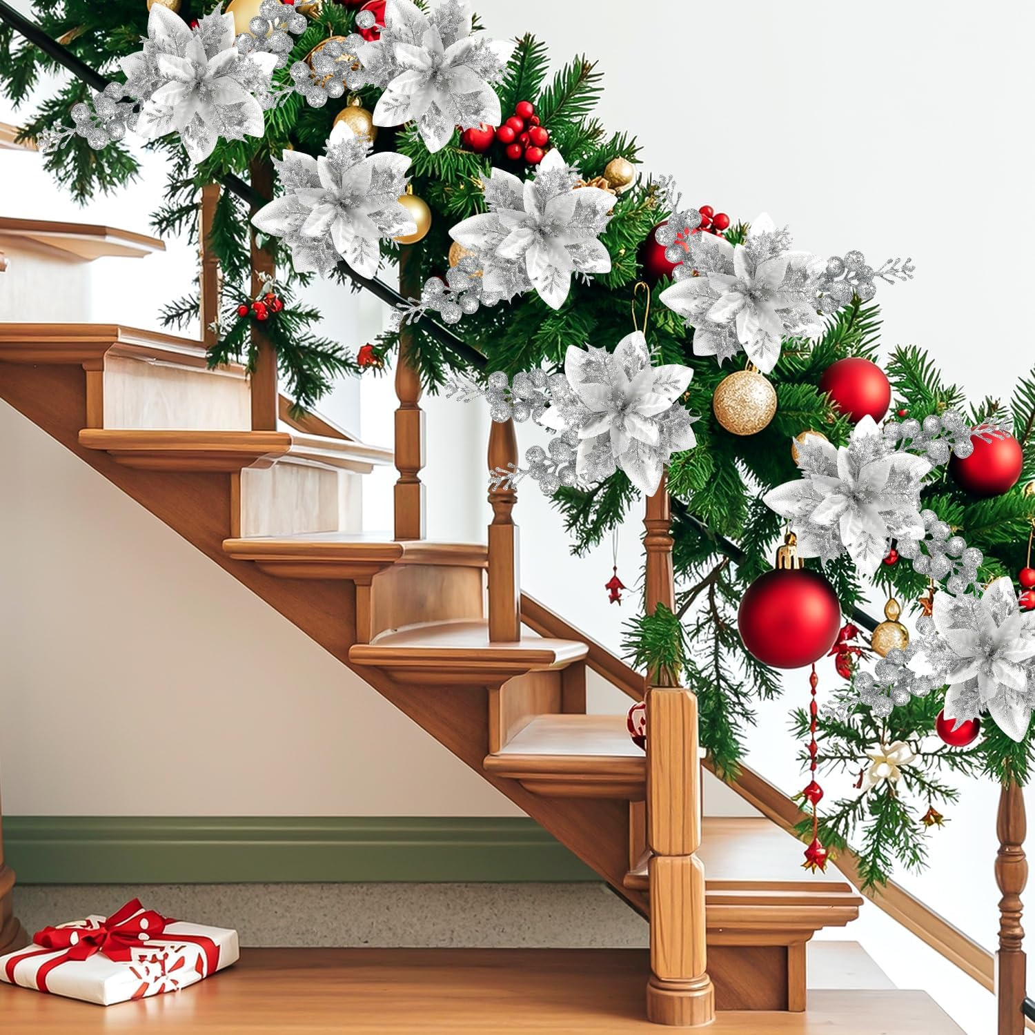 Trytuny Glitter Poinsettia Christmas Ornaments - 50pcs Artificial Flowers with Clips for DIY Wreaths | Silver