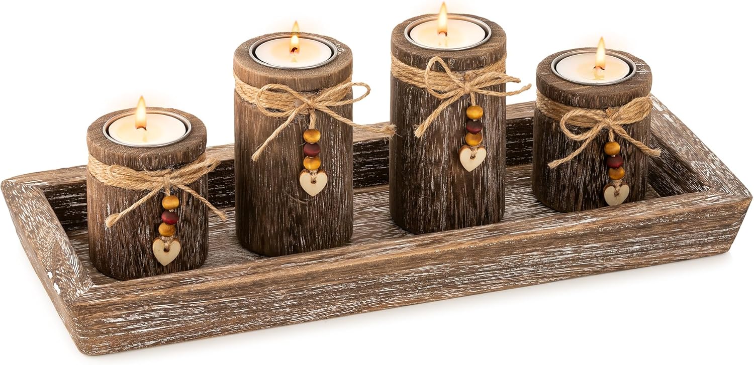 Romadedi Candle Holder Set - Boho Wooden Tray with 4 Tealight Holders for Farmhouse Decor | Living Room Centerpiece