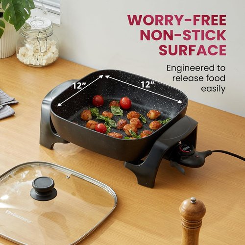 Elite Gourmet Extra Deep Non-Stick Electric Skillet - 12"x12"x3.2" (7.5Qt) with Glass Lid, Adjustable Temp, Black