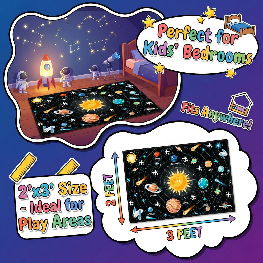 Outer Space Rugs Small Size Universe Solar System Planet Theme Carpets Kids Rugs for Playroom Educational Learning Area Rug for Living Room Bedroom Indoor Crystal Polyester Floor Sofa Mats, 2'×3'