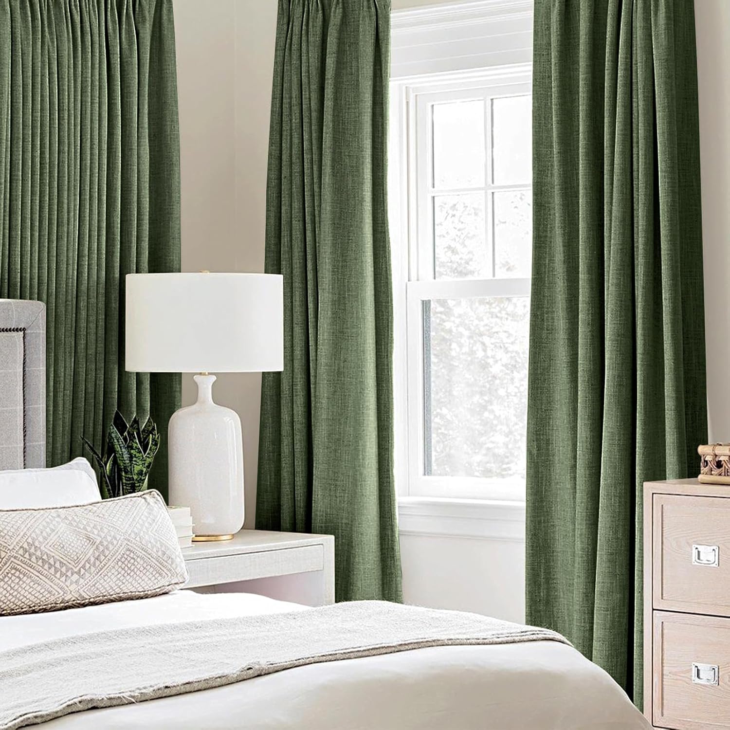 MIULEE 100% Blackout Linen Textured Curtains - Olive Green Thermal Insulated Drapes | 52 x 96 Inch (2 Panels)