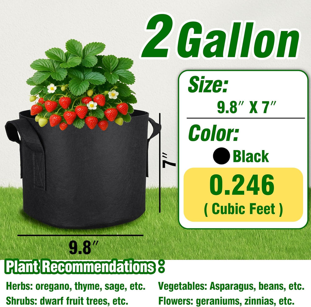 PHYEX 2 Gallon Grow Bags - Heavy Duty Reusable Fabric Pots with Handles for Vegetables, Herbs & Flowers