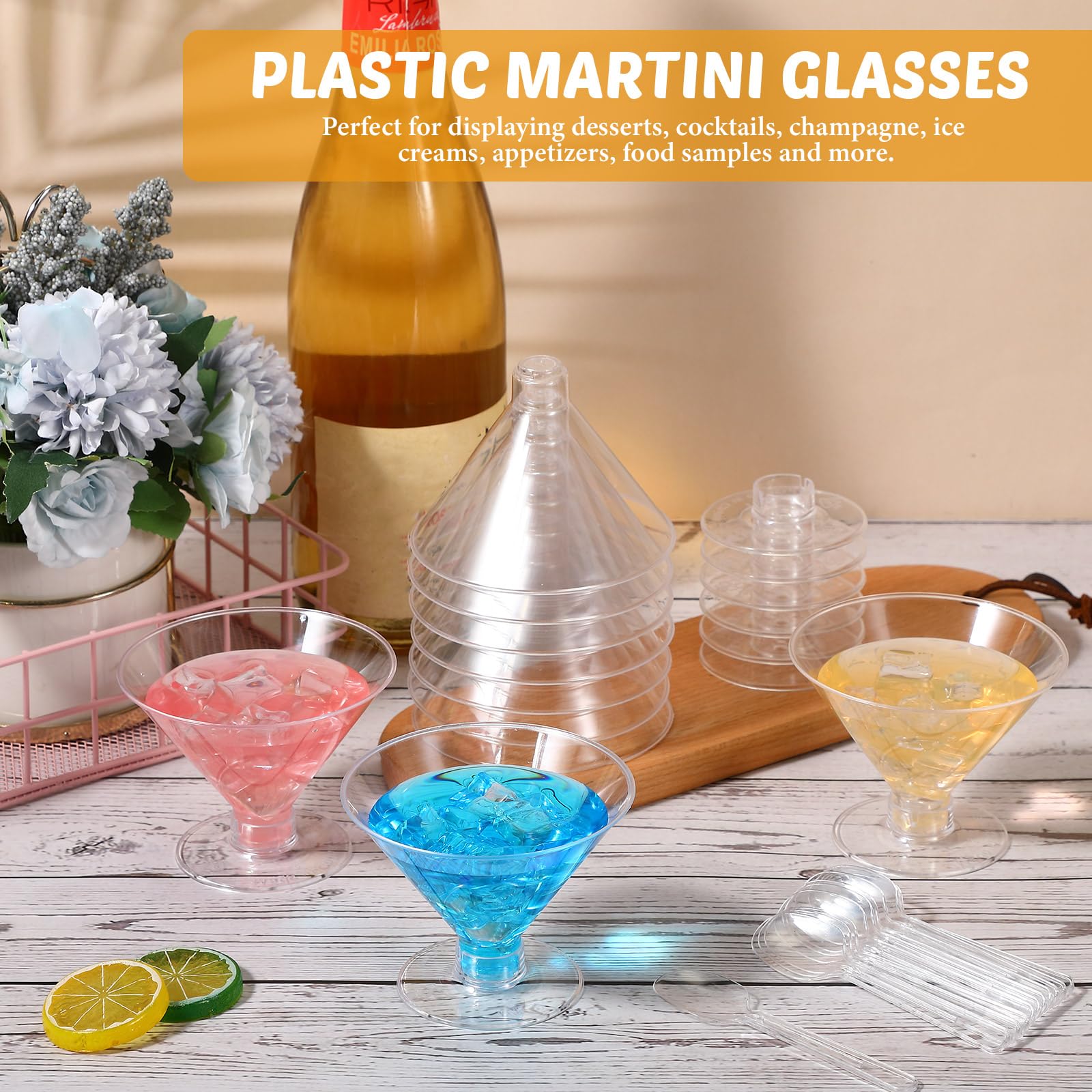 Yinkin 150 Cups and 150 Spoons Plastic Martini Glasses Disposable Cocktail Glasses Mini Martini Plastic Cups Dessert PVC Shot Unbreakable with Spoons for Weddings Party Wine Food (Clear,5 oz)