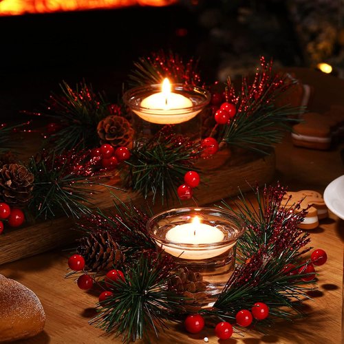 Dingion Christmas Candle Rings Set - 8 Pieces with Berry and Pinecone Holders for Votive Tapers